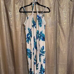 Lush Ivory Jumpsuit Tropical Green and Blue Monsterra Leaves Small Flawed